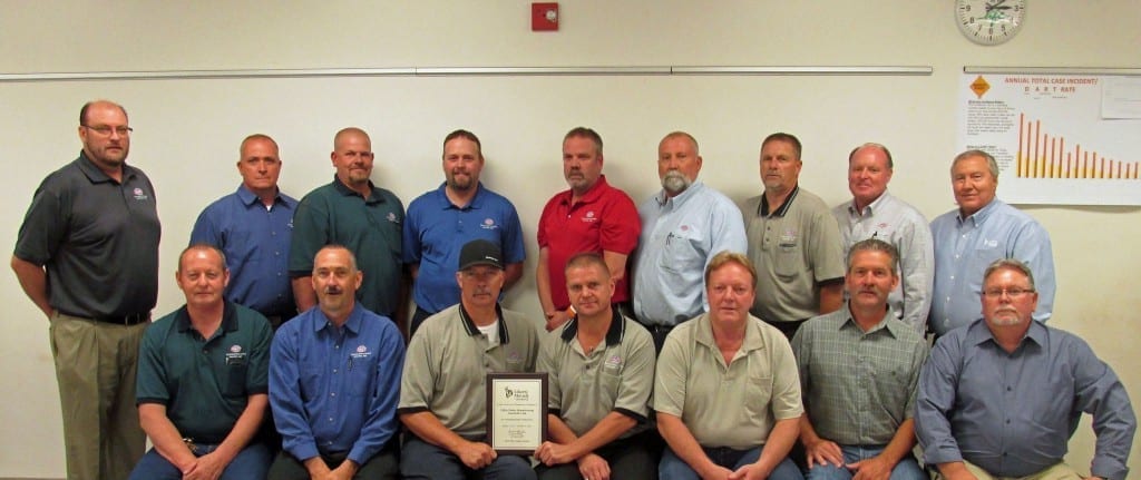 Utility receives Liberty Mutual Award Back row – left to right: Dennis Wilson, EHS Manager | Cary Day | Rowdy Steed | Justin Child | Bob Saunders | Scott Lerohl | Kim Carter, General Foremen | Todd Smith, Plant Manager | Rob Gardner, Liberty Mutual. Front row – left to right: James Gronwald, General Foreman | Jay Bills, Plant Superintendent | Mark Pobanz | Rich MacGoldrick, General Foremen | Steve Jenson, Night Superintendent | Doug Simonton, EHS Technician | Dave Thompson, Night EHS/HR Supervisor 